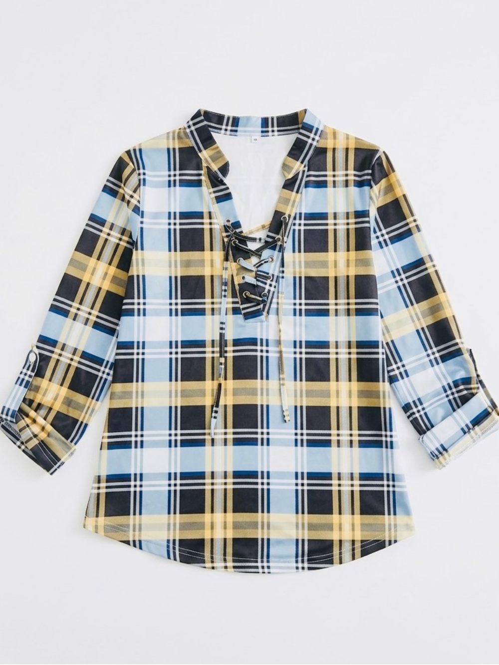 Plaid Lace-Up Tunic Top - Blue & Yellow